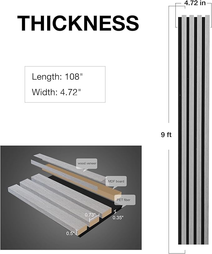 NeatiEase Wood Wall Panels, 9 Feet Acoustic Slat Wall Panels for Interior Wall Decor and Noise Reduction, Decorative Slat Wall Paneling, Gray Oak, 6-Piece