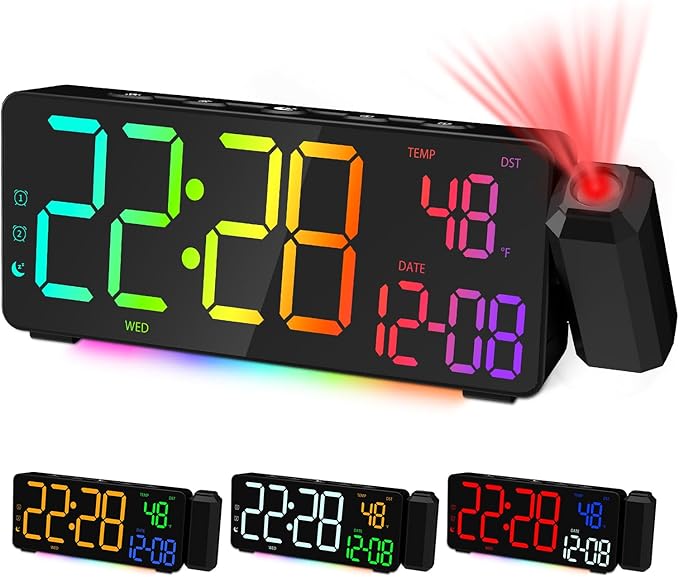 EVILTO Projection Alarm Clocks, RGB Desk Clock with 180° Rotatable Projector 15 Color Display, Date Temperature and Weekday, DST, Snooze, Ambient Lighting for Living Room,Bedroom Bedside Office Decor