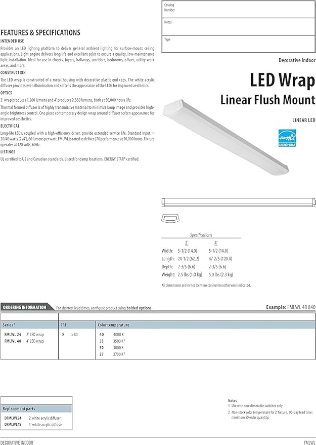 Lithonia Lighting 4 Foot LED Light Fixture, Low-Profile LED Wraparound Flush Mount Ceiling Light, 3000K Warm White, 120V, 48-Inch (FMLWL 48 830)