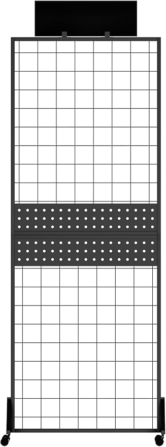 DEMEGA 6' x 2' Ft Grid Wall Panel, Pegboard Gridwall Display Stand with Notice board, Sturdy Floorstanding Wire Grid Rack, Movable Silent Wheel for Home Organization Retail Trade Art Craft Show Vendor