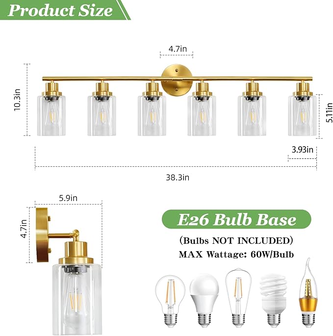 Guliaofo 6-Light E26 Gold Bathroom Vanity Lights, Modern Bathroom Light Fixtures with Clear Glass Shade, Wall Lamps for Mirror Hallway Kitchen Cabinet Living Room Sconces Lights