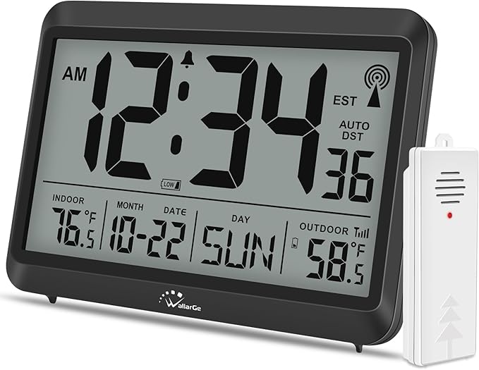 WallarGe Atomic Clock with Indoor Outdoor Temperature - 8.5'' Digital Clock Battery Operated, Self-Setting, 4 Time Zones, DST