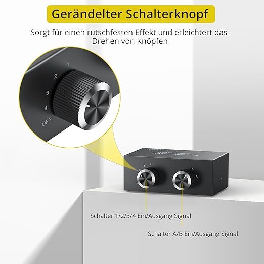 PROZOR 4-Way Stereo L/R Sound Channel Bi-Directional Audio Switcher, 2 in 4 Out or 4 in 2 Out Audio Switch Splitter with Off Button and No External Power Required for DVD Stereo Speaker CD Player