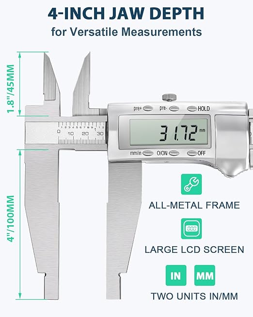 Mxmoonfree 12-Inch Digital Caliper with 4-Inch Jaw Depth, Precision Measuring Tool, Full Metal Frame, Large LCD Screen, Resolution 0.0005"/0.01mm, Ideal for Professionals & Hobbyists