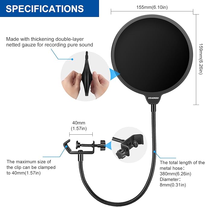 Aokeo Professional Microphone Pop Filter Mask Shield For Blue Yeti and Any Other Microphone,Mic Dual Layered Wind Pop Screen With Flexible 360° Gooseneck Clip Stabilizing Arm