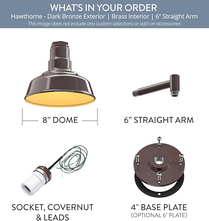 Steel Lighting Co. Hawthorne Barn Light | Outdoor Wall Mounted | 8 inch Dome | 6" Straight Arm | Small Farmhouse Light Made in America | Dark Bronze Exterior/Brass Interior
