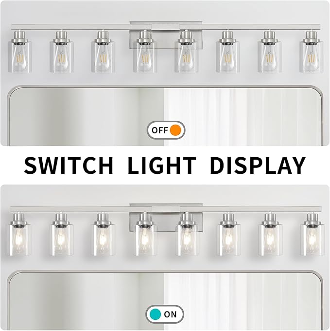DIKAIDA 52inch Brushed Nickel Vanity Light Fixtures, 8 Light Brushed Nickel Bathroom Vanity Lights Over Mirror, Matte Nickel Modern Bathroom Wall Lighting for Mirror Bedroom,Living Room