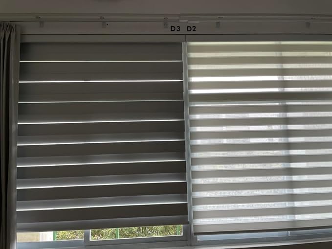 Yoolax Motorized Zebra Blinds Works with Alexa, Motorized Blinds with Remote Custom Size, Privacy Electric Zebra Shades for Windows (90% Shading Greyish White)