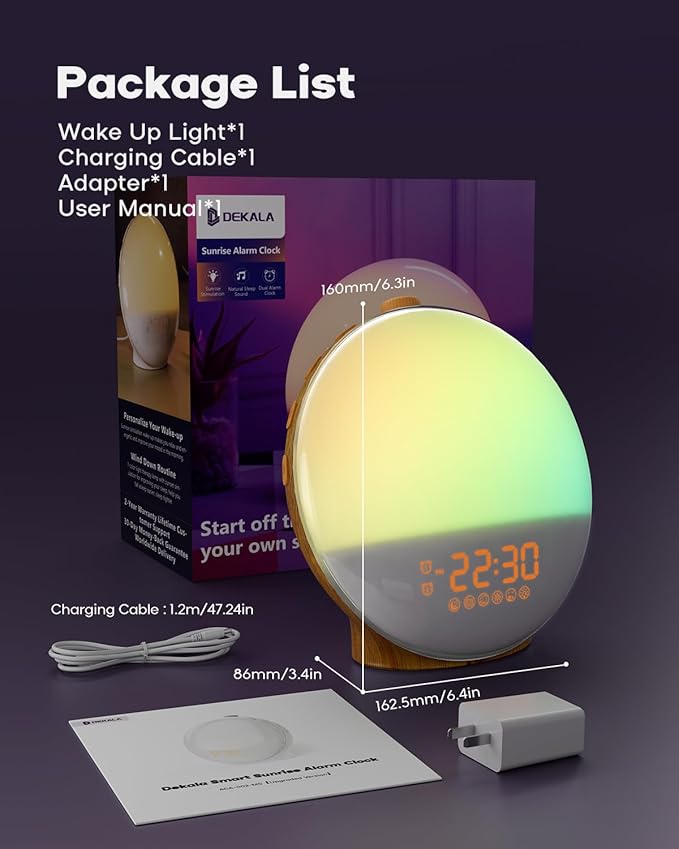 Dekala Sunrise Alarm Clock Wood Grain, FM Radio, Wake up Light Sunlight Sunset Lamp, 7 Nature Sounds, Dual Alarms, Colorful Ambient Lamp, Bedrooms Decor, Snooze for Heavy Sleepers, Kids & Adults