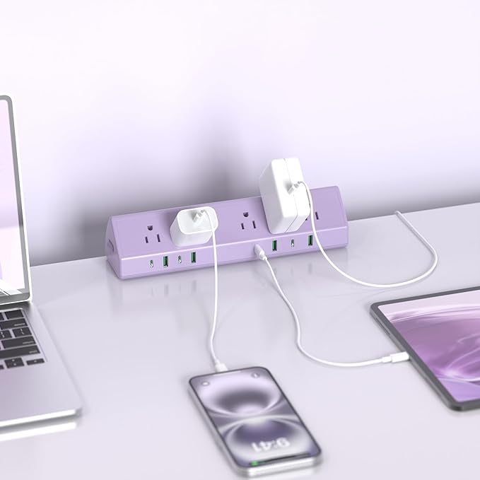 Jgstkcity Desk Clamp Power Strip,65W Fast Charging Station,4 USB-C,4 USB-A,1200J Surge Protector,ETL Listed,1875W Extension Cord,Multiple Outlets for Home, Office (Purple, 6 FT Cable)