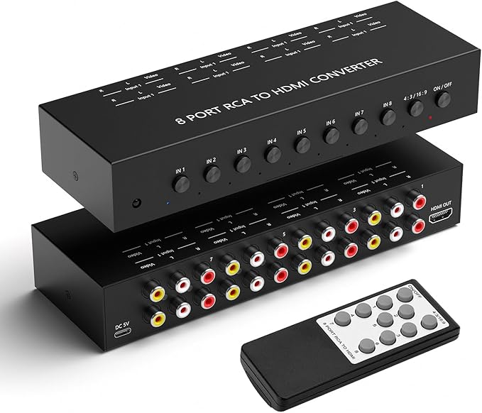 Dingsun 8Port AV to HDMI Converter, Will Convert Input Analog Aignals to a Digital Output Signal, Built-in 16:9/4:3 Adjustment, Perfect for Old Video Game Systems,PS,WII,Xbox,DVD,VHS(with Remote)