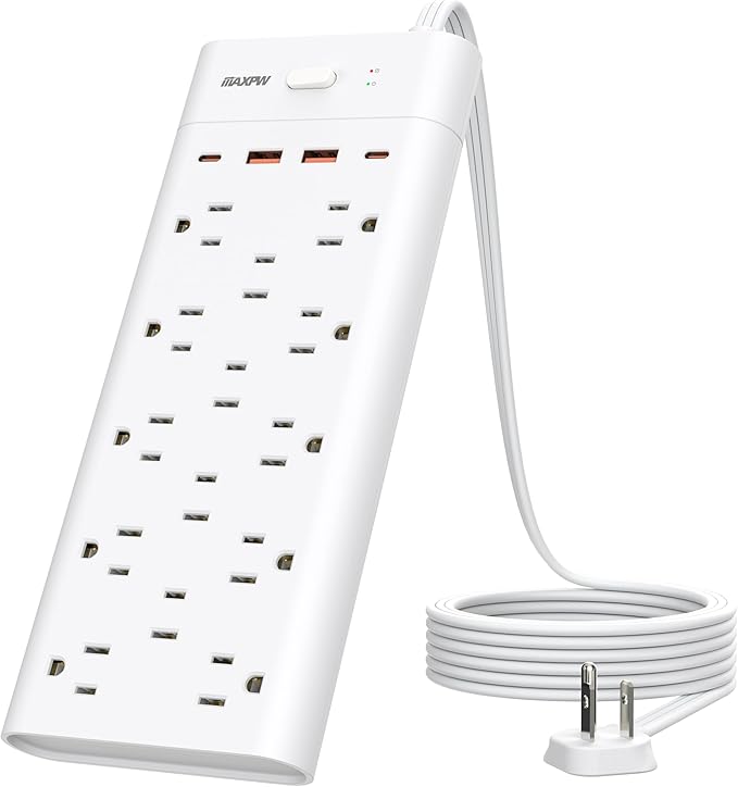 Surge Protector Power Strip Outlet Extender with 14 Outlets and 4 USB Ports (2 USB C), 6 Ft Flat Plug Extension Cord, 1700 Joules, Wall Mount for Home, Office, Dorm, White