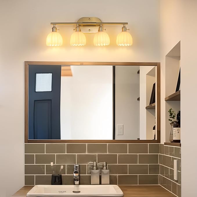 Shenmoyl Bathroom Light Fixtures, 4-Light Brass Vanity Wall Light Over Mirror with White Tulip Glass Shade for Bedroom Living Room (Bulb Not Included)