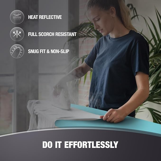 COTTY HOME Extra Thick Ironing Board Covers with Pad Standard Size 15x54, Heat Reflective Full Scorch Resistant Padding, Snug Fit Non-Slip Nose Pocket Fastener Straps Elastic Edges, Turquoise