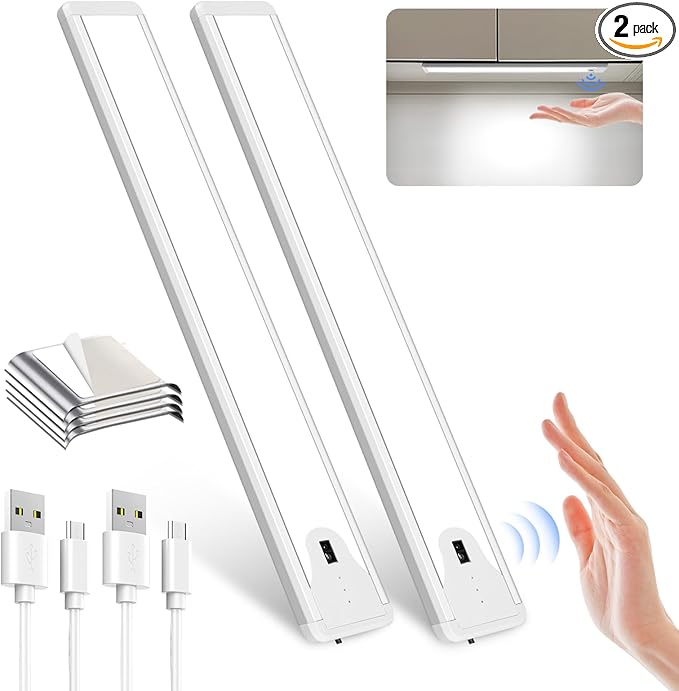 Pak 16 Inch Under Cabinet Lights, Hand Wave Sensor 83 LED Indoor Cabinet Lighting, USB Rechargeable Wireless Closet Light, Stepless Dimming Under Counter Light for Kitchen, Shelves, Bedroom, 2 Pack