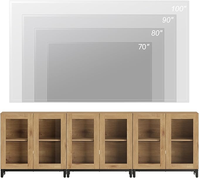 WAMPAT Modern TV Stand with Glass Doors for 110 inch TVs, 3 in 1 Entertainment Center Console with Adjustable Shelves and Metal Base for Living Room, Bedroom, Oak