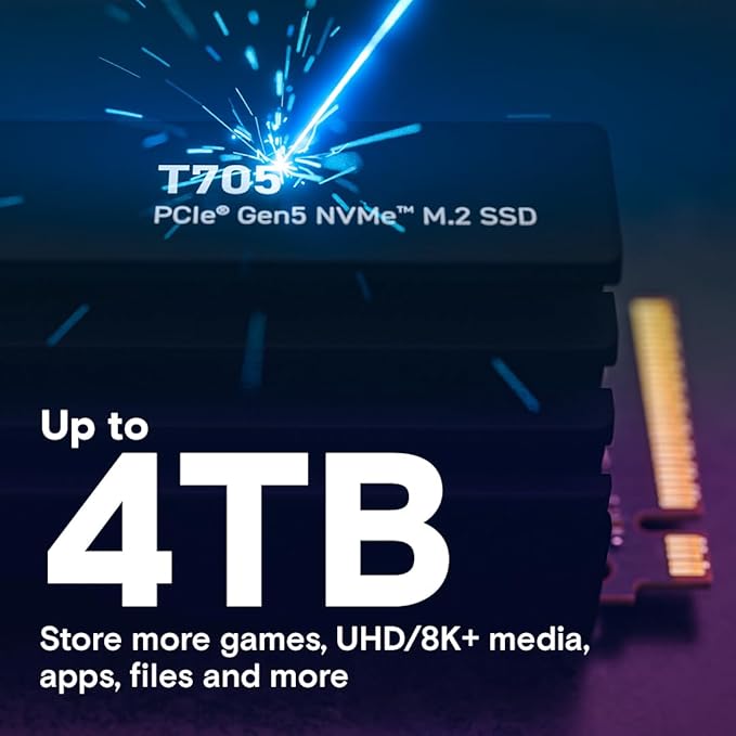 Crucial T705 PCIe Gen5 NVMe 4TB SSD with Heatsink, Up to 14,100MB/s, TLC NAND, Laptop & Desktop (PC) Compatible, for Creatives and Hardcore Gamers, Solid State Drive, 1Mo Adobe CC – CT4000T705SSD5