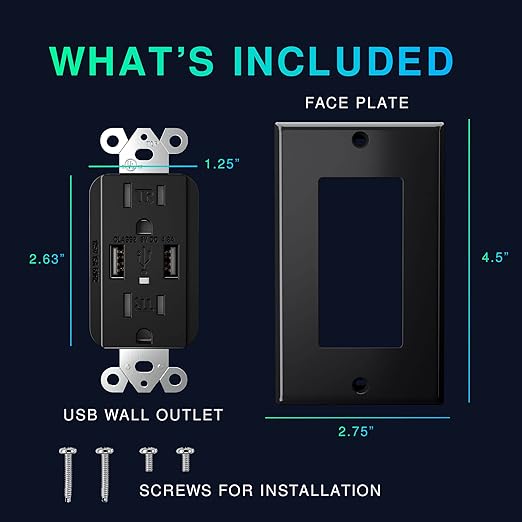 EverElectrix 2-Pack 4.8A Black Wall Outlet With USB Ports - 15Amp Duplex Tamper Resistant Charger, UL Listed, Electrical Receptacle With Dual USB