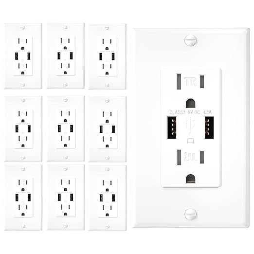 EverElectrix 10 Pack 4.8A Wall Outlet with USB Ports 15Amp Duplex USB Wall Outlets Tamper Resistant Outlet Charger, UL Listed, Electrical Outlet with Dual Port, White Outlets Receptacles