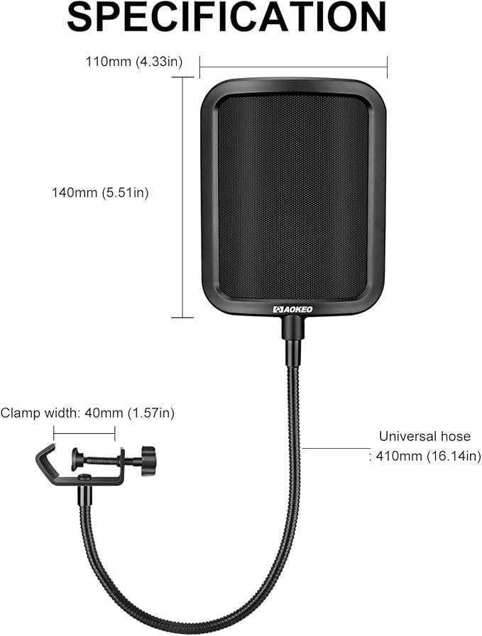 Aokeo Metal Pop Filter,Metal Mesh Layer Microphone Windscreen for Hyperx QuadCast, Blue Yeti and Other Mics,Pop Shield with Flexible 360° Gooseneck Clip Stabilization Arm