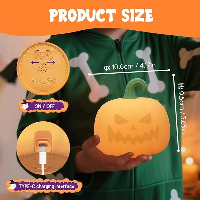 LEDHOLYT Night Light for Kids, Cute Silicone Nursery Pumpkin Lamp for Baby and Toddler, Halloween NightLight for Boys and Girls,Squishy Kawaii Bedside Lamp for Kids Room
