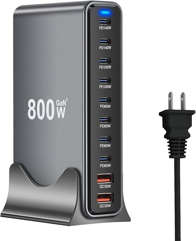 800W USB C Fast Charger Block, 10 Ports GaN III USB Chagring Station, Dual 140W PD PPS HUB for Multiple Devices, Laptop Adapter Compatible with MacBook Pro/Air iPad iPhone Pro Max, Galaxy, Dell, HP
