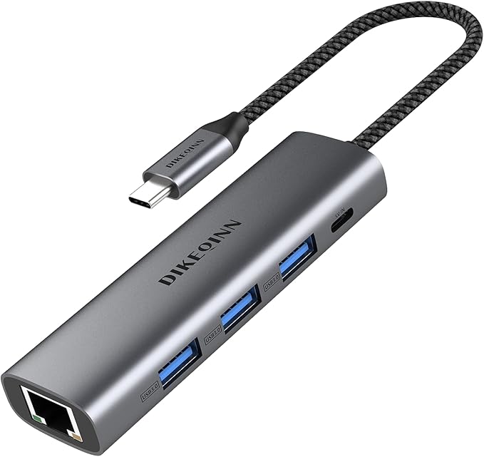 DIKEQINN USB 3.0 Hub with Gigabit Ethernet, 3-Port USB-A 5Gbps + USB-C Power Port for MacBook, Dell, HP, Surface (Plug and Play) (USB-C)