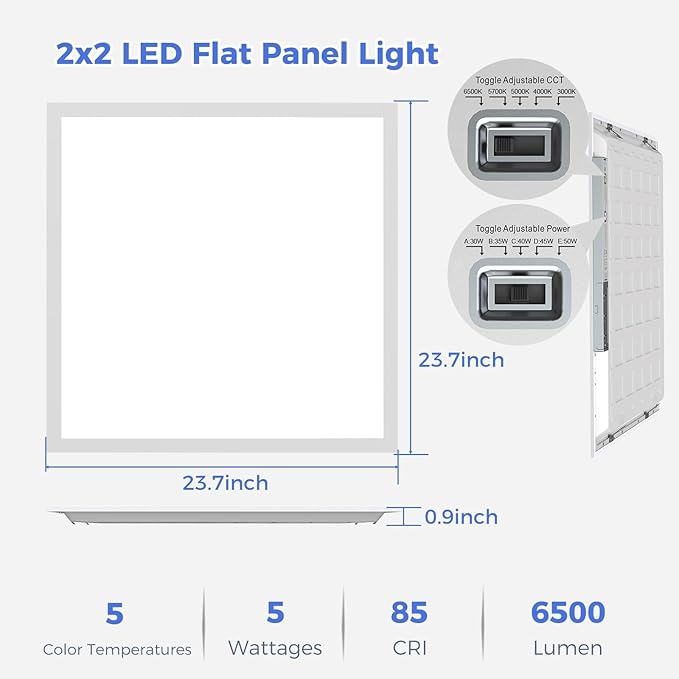 AIKVSXER 48 Pack 2x2 LED Flat Panel Light, Bright 6500LM Kitchen Drop Ceiling Light Fixtures,Dimmable,Selectable Features,5CCT 3000K/4000K/5000K/5700K/6500K, 5 Wattages 30W/35W/40W/45W/50W