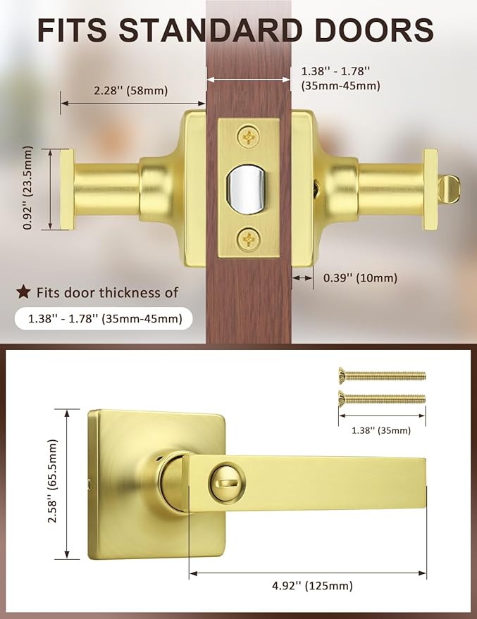 Mengico 5 Pack Gold Privacy Lever Door Handle Interior with Lock, Heavy Duty Square Door Lock for Bed/Bath, Keyless Door Locksets, Reversible for Left Right Handed Doors