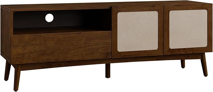 Calista TV Stand 1 Drawer 2 Door – Chestnut Finish Media Console with Open Shelf & Fabric Panel Doors, Mid-Century Modern Style with Tapered Legs, Easy Assembly