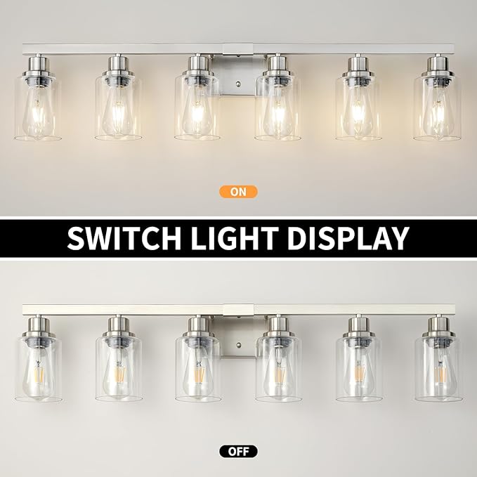 DIKAIDA Bathroom Vanity Light, 6-Light Nickel Modern Matte Wall Sconce Lighting with Clear Glass Shade, Wall Lights,Bath Vintage Wall Mounted Lamps for Mirror Bedroom Living Room