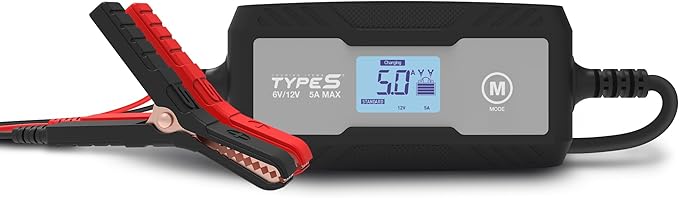 Type S 5A Smart Battery Charger & Maintainer – 6V & 12V Automatic Car Battery Charger for Cars, Trucks, Motorcycles, Boats, ATVs, Lawn Mowers, RVs – Lead-Acid, AGM, Gel, LiFePO4 Batteries