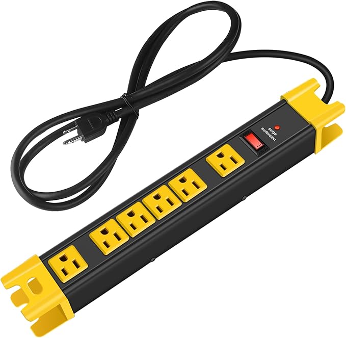 CCCEI Heavy Duty Power Strip Surge Protector - 6 Outlet Industrial Strip with 15A, 1200 Joules - ETL Listed Metal for Shop, Workshop, Garden (25FT, Black)