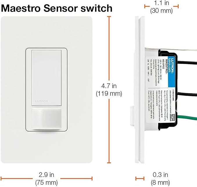 Lutron Maestro Motion Sensor Light Switch Indoor for Bathroom, Garage, Laundry Room, Closet, Occupancy Sensor Light Switch, Single-Pole, No Neutral, MS-OPS5M-WH, 3 Pack