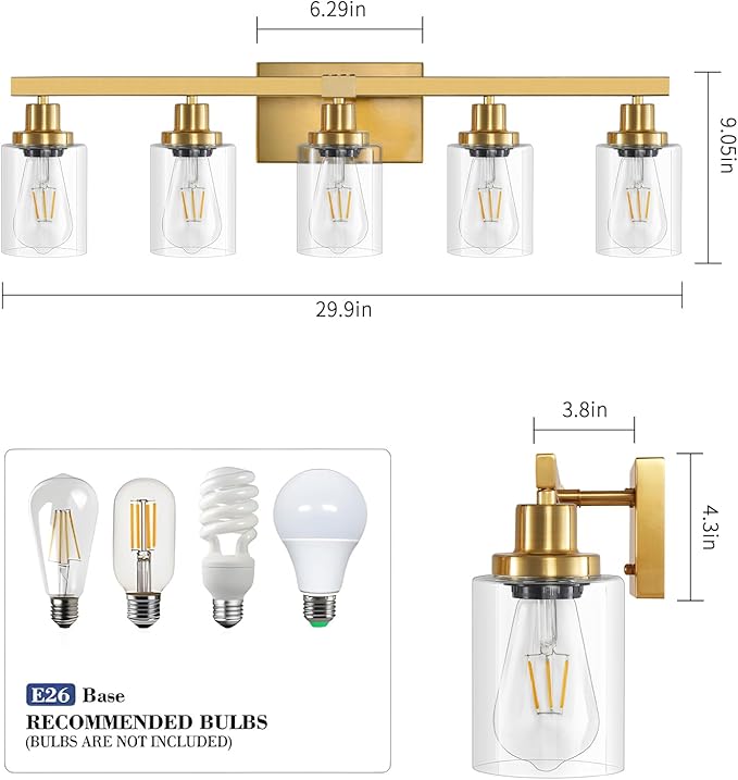 DIKAIDA 5 Light Gold Bathroom Vanity Light, Bathroom Light Fixtures, 31" Modern Brushed Gold Vanity Lighting Fixtures for Bathroom Over Mirror, Gold Sconces Wall Lighting for Bedroom