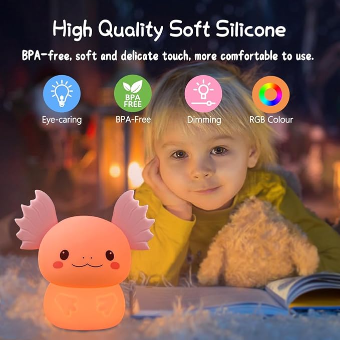 Axolotl Gifts Night Light for Kids, Cute Silicone Nursery Axolotl Lamp for Baby and Toddler, Animals NightLight for Boys and Girls,Cute Room Decor Night Light for Kids Girls Boys Festival Gifts