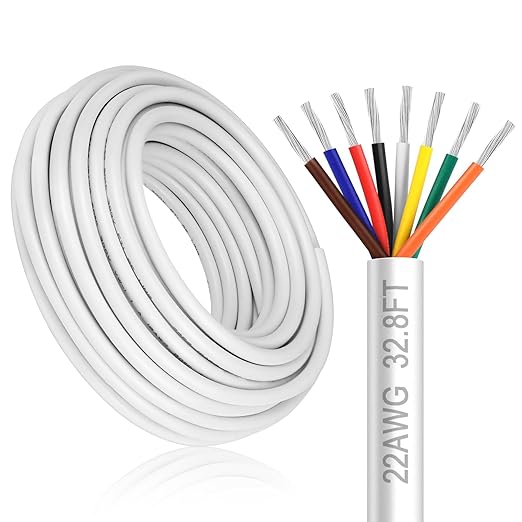 22 Gauge 8 Conductor Electrical Wire, 32.8FT White Stranded Low Voltage 22/8 PVC Case, 22 AWG Tinned Copper 8 Wire Extension Power for Strips LED Lamp Lighting