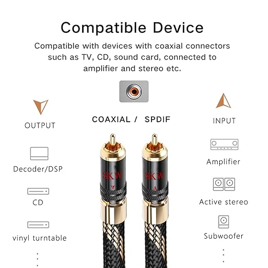 SKW Audiophiles Subwoofer Lock RCA Cable RCA to RCA Multiple Shield with Ultra-high Purity Copper Digital Coaxial Cable for HiFi Systems 9.8ft/3m