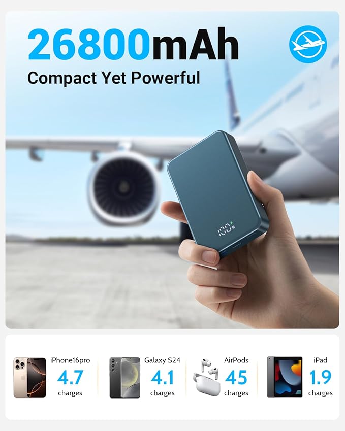 POAQCIF Magnetic Power Bank 26800mAh for Magsafe Portable Charger, Aluminum Alloy Large Capacity 20W USB-C in&Out Wireless Fast Charging for iPhone16 Plus Pro Max/15/14/13/12 Series, Blue