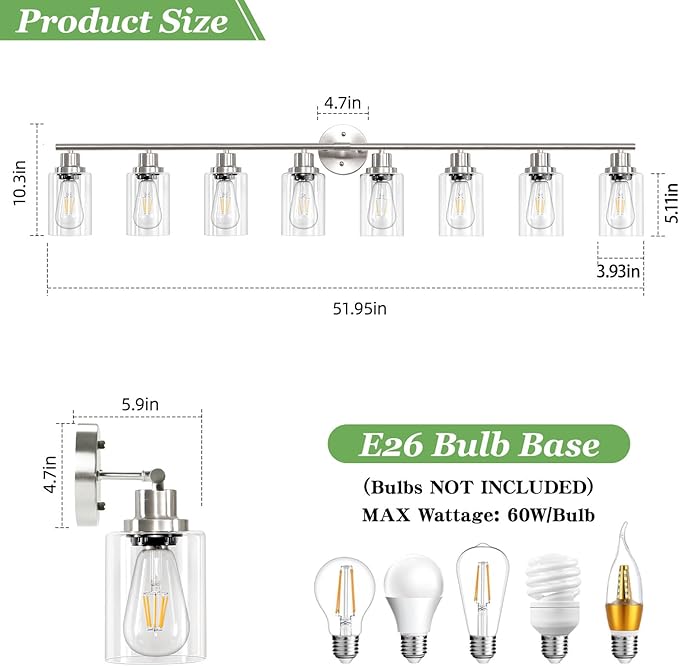 Guliaofo 8-Light Brushed Nickel Vanity Lights, Modern Bathroom Light Fixtures with Clear Glass Shade, Wall Lamps for Mirror Kitchen Hallway Cabinet Living Room Sconces Lights - E26