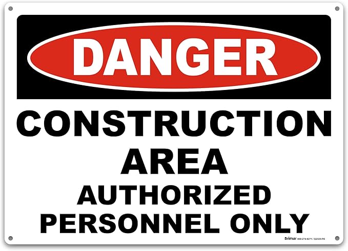 Brimar 14"x10" Danger Construction Area Safety Sign - Aluminum, Weatherproof, Clear Rules and Guidelines, Essential Safety Signage for Construction Sites.