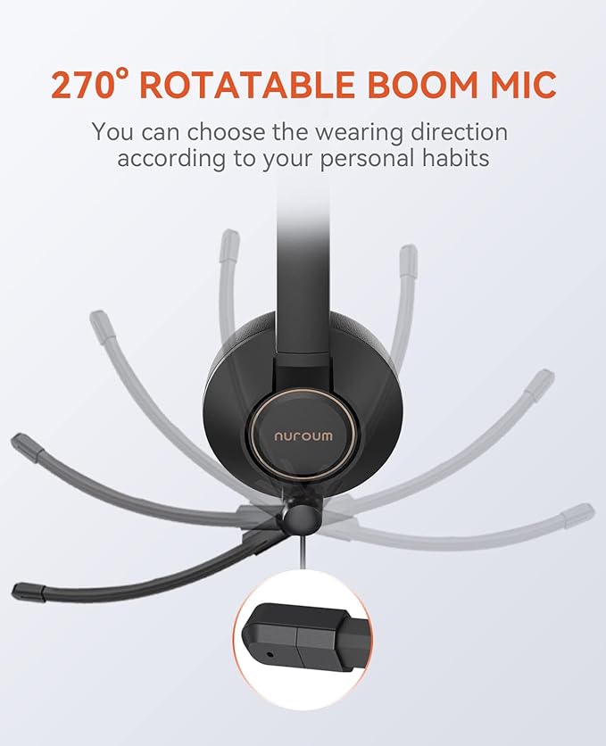 NUROUM HP11DU Wired Headset, Dual-Ear (Stereo) Headphones with Noise Canceling Microphone, On Ear Computer Headset with in-line Control, USB/Type-C, PC Headset for Home Office Online Class Skype Zoom