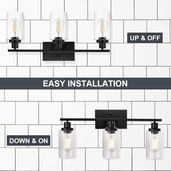 WINSHEN Wall Sconce Lighting 3-Light Matte Black Bathroom Vanity Light Fixtures Farmhouse Wall Lamp with Seeded Glass for Kitchen Living Room Mirror