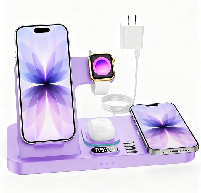Dual Phone Wireless Charging Station for Apple Devices, Magnetic Charging Station for iPhone with Auto Switch 7-Color Light&Clock,Family Watch Charger for iPhone17 for iWatch11 for AirPods Pro3(Purple