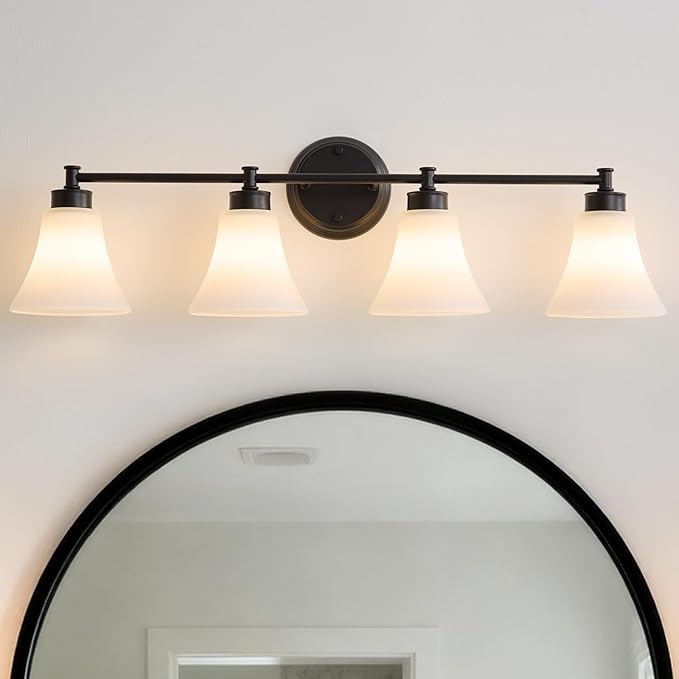 LOUSACE 4 Light Bathroom Vanity Light Matte Black Bathroom Lighting Fixtures Over Mirror with Opal White Frosted Glass Shade, Vintage Traditional Wall Lighting Fixture Vanity Lights for Bedroom