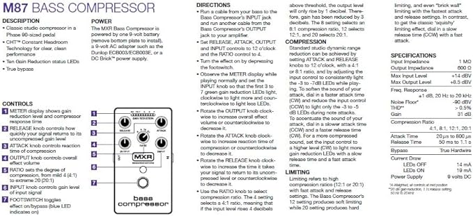 MXR M87 Bass Compressor Effects Pedal with Tonebird Deluxe 9V Power Supply, Patch & Instrument Cable, Multi-Tool Bundle