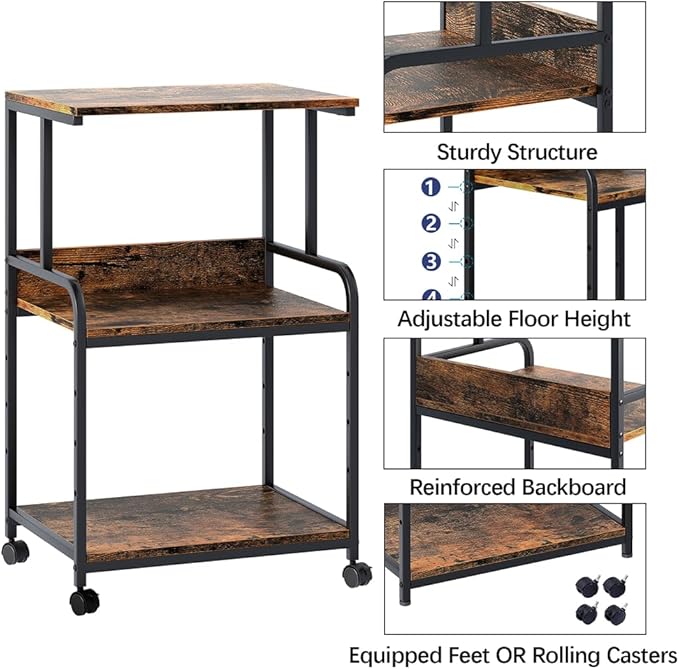Arbuxzuy Printer Stand with Storage Shelf,3 Tier Printer Cart with Wheels,Mobile Printer Table for Home Office,Stands for Printer Heat Press Scanner Fax,Industrial Style (Brown)