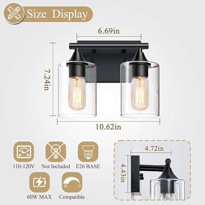 XPEHK Vanity Lighting Fixtures,2-Light Bathroom Lights Over Mirror,Modern Sconces Wall Lighting with Clear Glass Shade,Light Fixture for Bathroom Bedroom Living Room Vanity Table Hallway