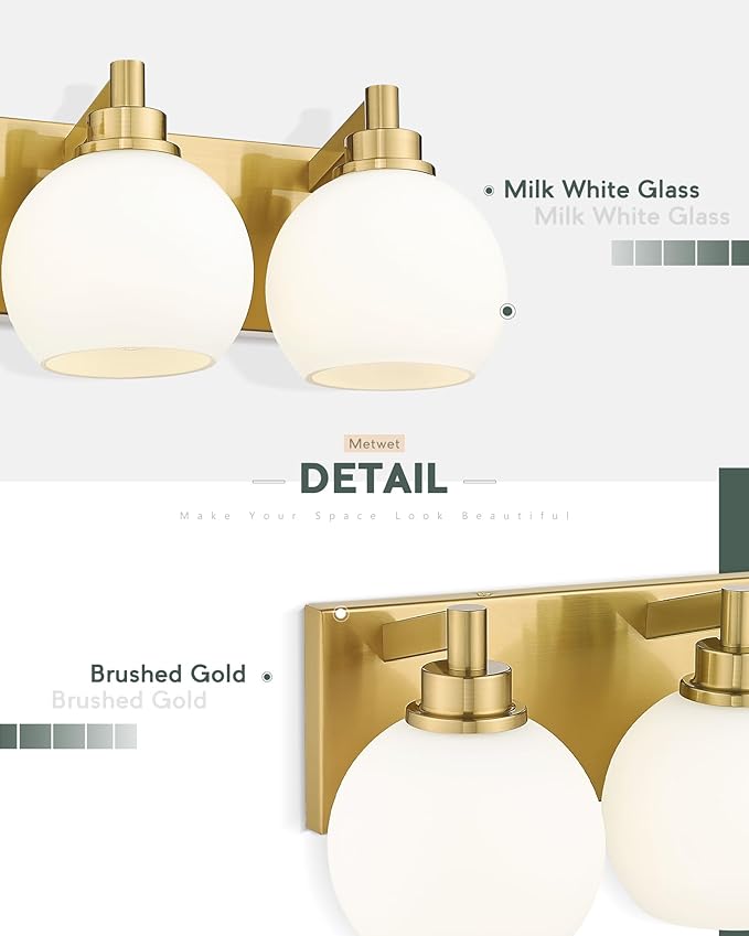 METWET Bathroom Light Fixtures, 3-Light Brushed Gold Vanity Light, Modern Wall Sconces with Milk White Globe Glass Shade, Vanity Lighting Fixtures Over Mirror, VL195-BG-ML-3