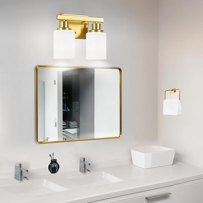 DIKAIDA Gold Bathroom Light Fixtures Over Mirror, 2-Light Modern Vanity Lights with White Glass Shade, Bathroom Wall Lamp Sconces for Mirror Bedroom, Living Room Hallway Small Space